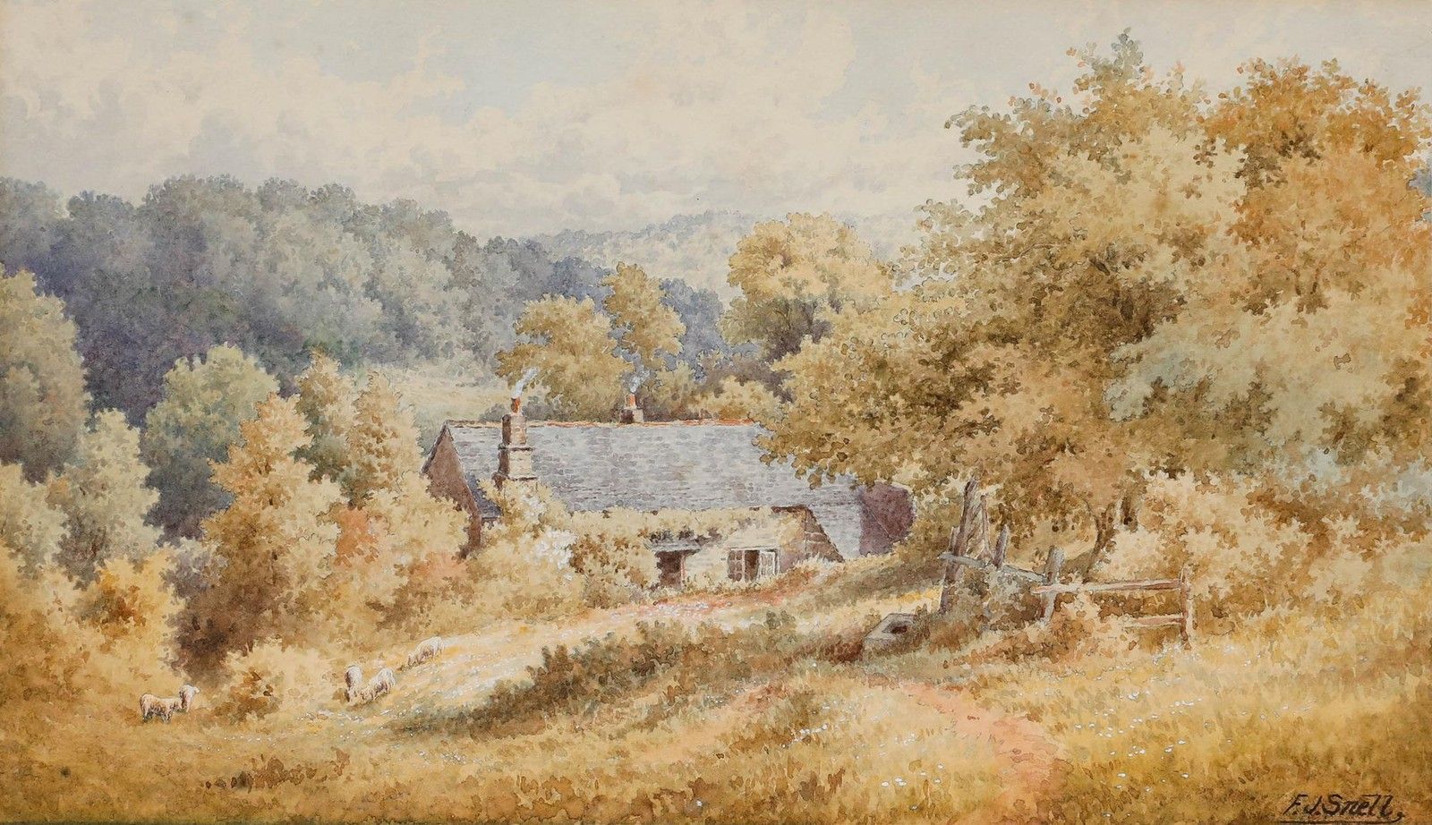 Frederick John Snell (1862 1931) Watercolour, Cottage In The Valley photo furniture