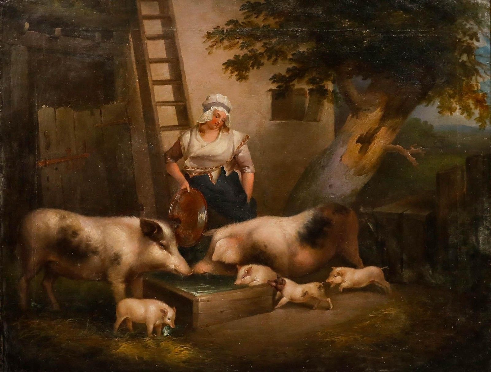 Manner Of George Morland Framed 19th Century Oil, Pigs At A Trough photo furniture