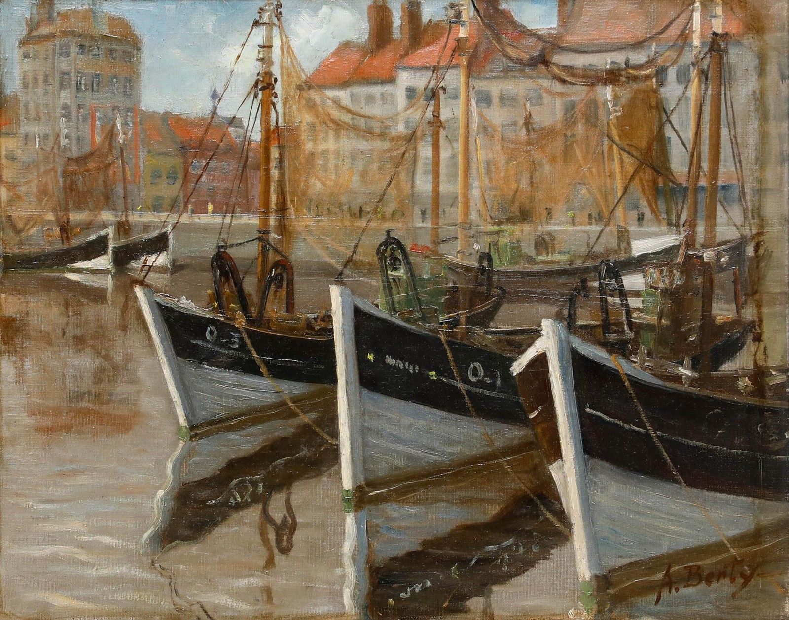 Anne Berty Mid 20th Century Oil, Ostend Fishing Boats photo furniture