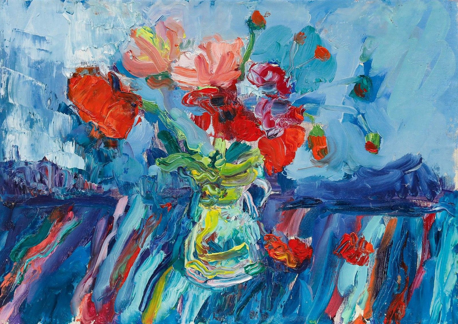 Annelise Firth (B.1961) Contemporary Oil, Pink & Red Poppies photo furniture