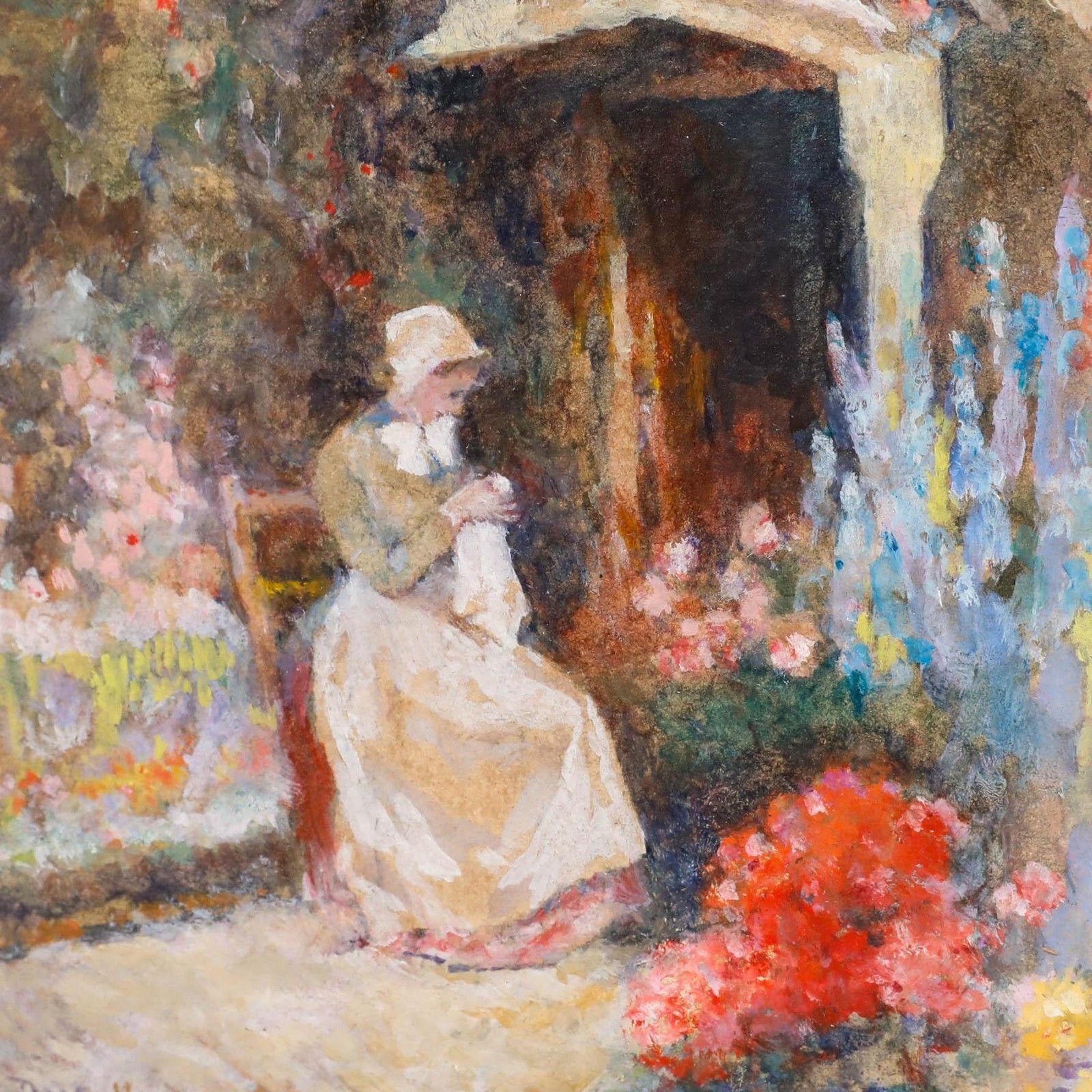 David Woodlock (1842 1929)  Late 19th Century Oil, Sewing Amongst The Flowers photo Art
