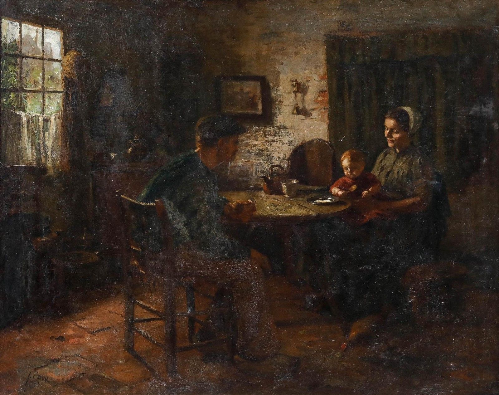 Jacques Zon (1872 1932) Framed 1909 Oil, Gathered At The Table photo furniture