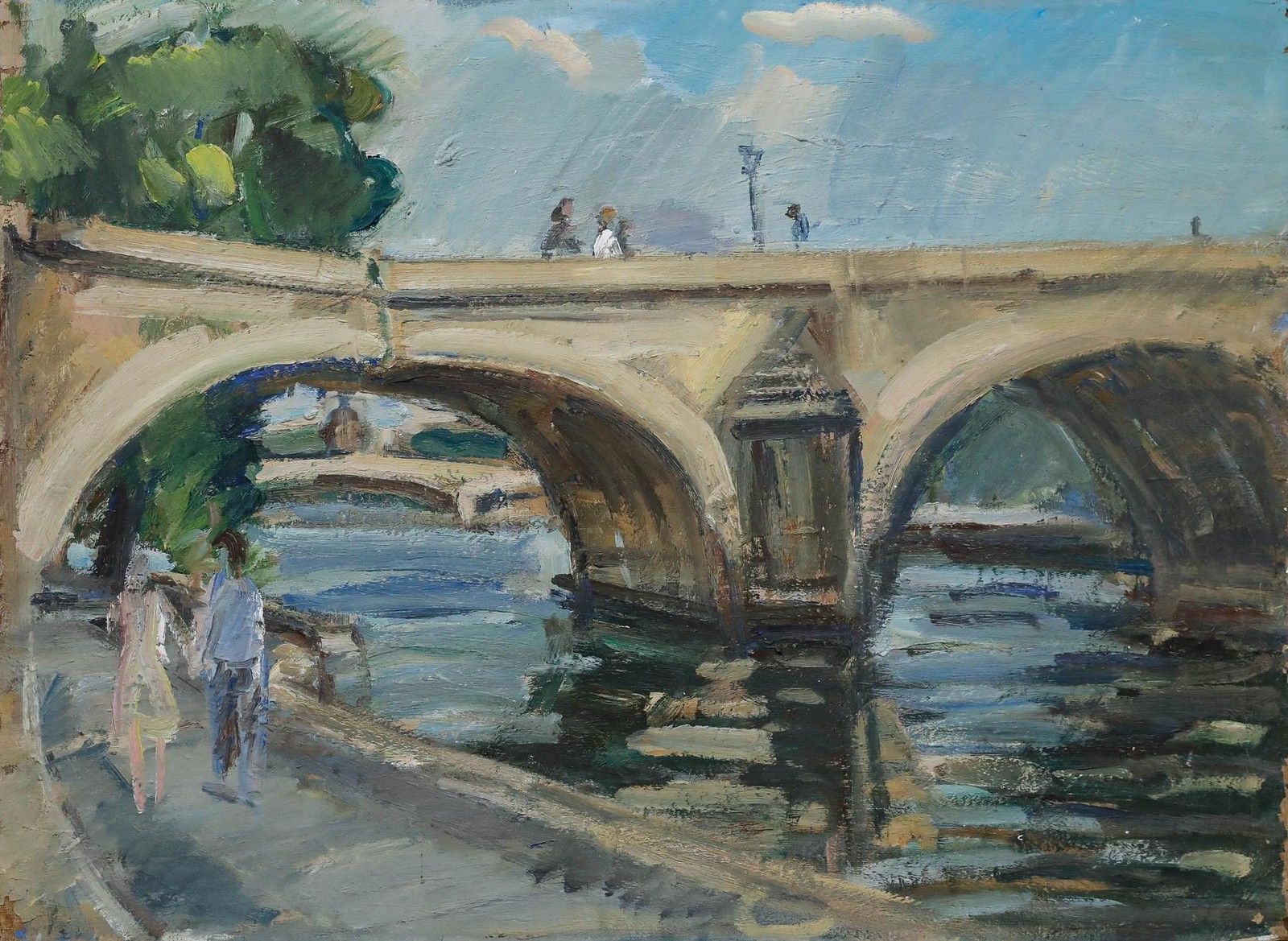 Pierre Gogios (B.1935) Mid 20th Century Oil, Waterfront Promenade photo furniture
