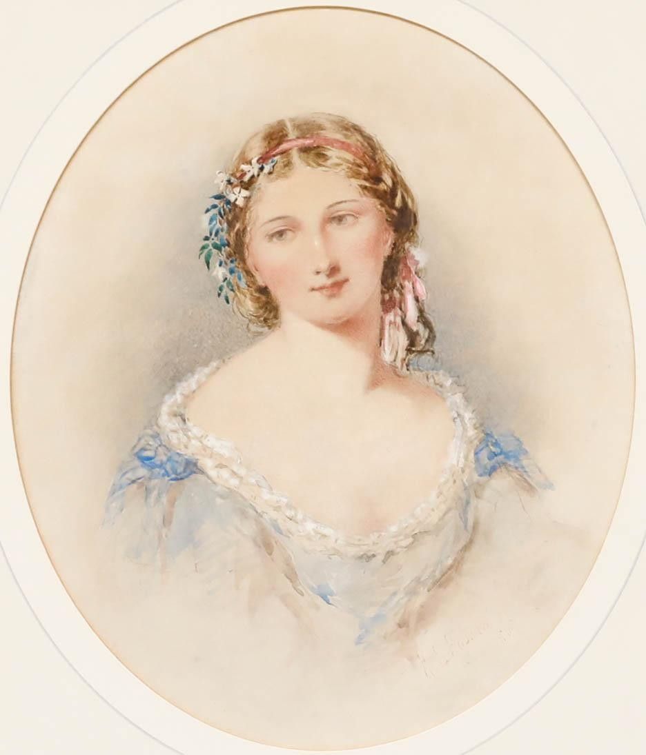 Henry E. Hobson (1820 1881) 1866 Watercolour, Portrait Of A Young Lady In Blue photo furniture