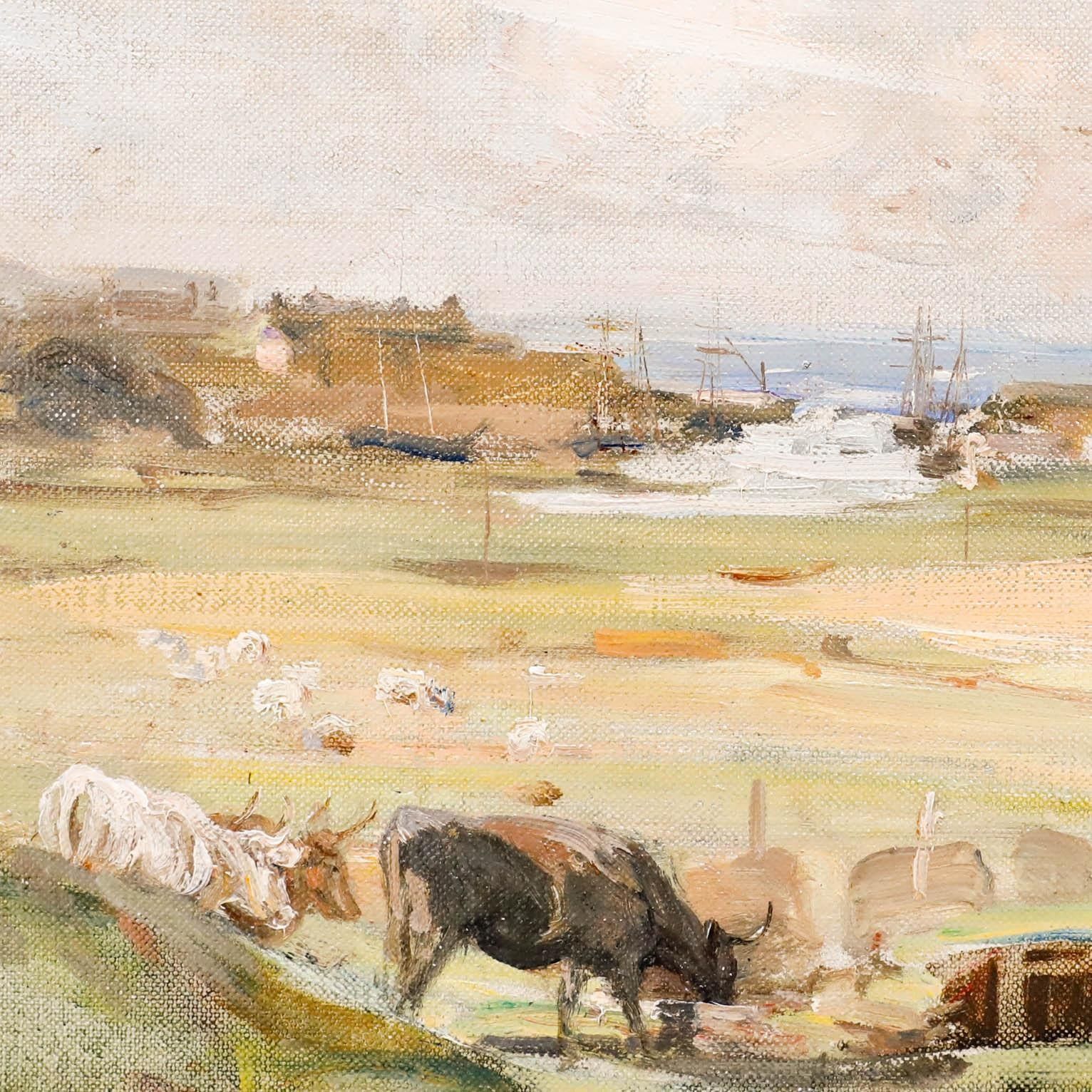 William Walls (1860 1942) Late 19th Century Oil, Cattle Grazing By The Coast photo Art