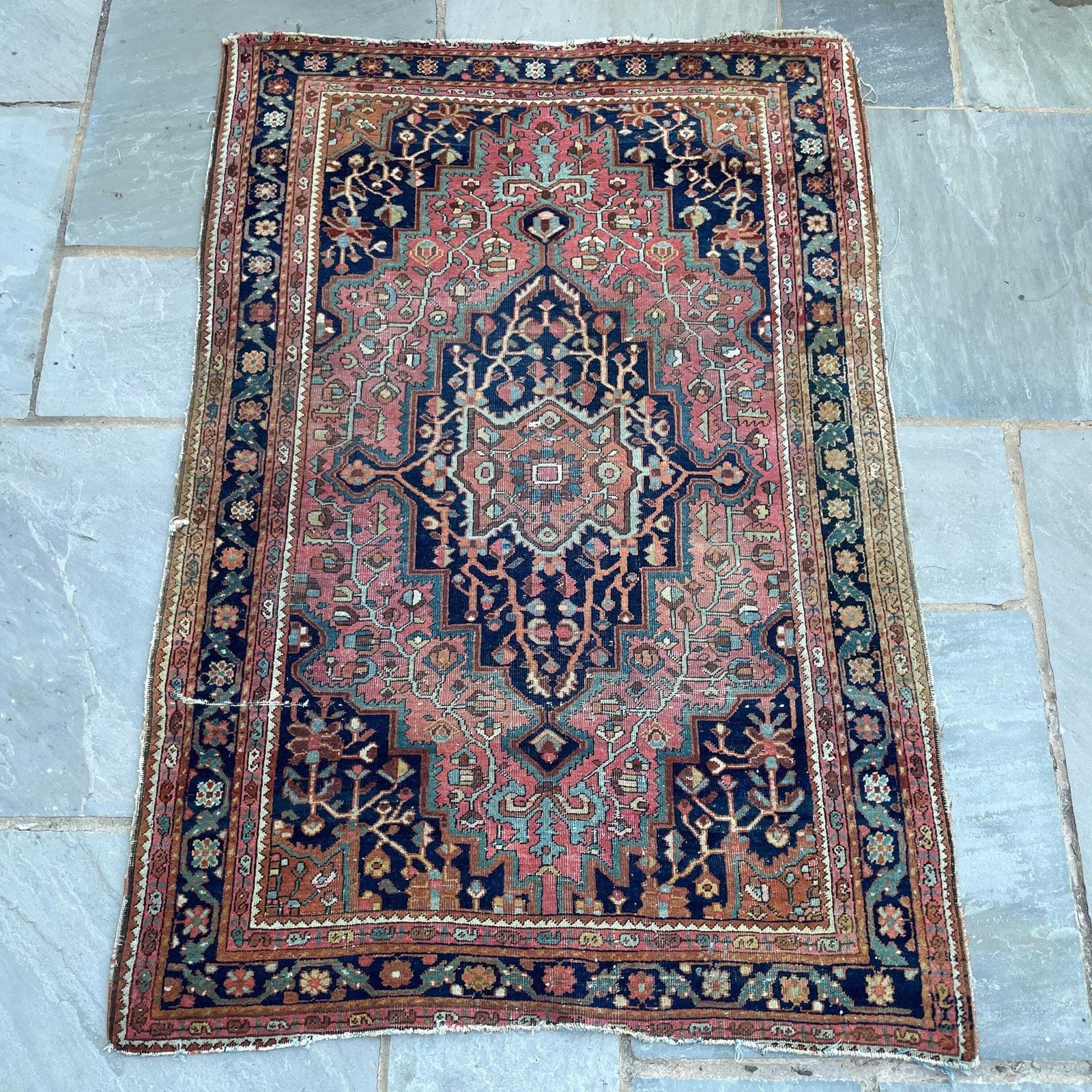 Antique Heriz Wool Rug Blue Terracotta Geometric Pattern Hand Knotted Area Carpet Middle Eastern Central Medallion Handmade Floor Decor photo furniture