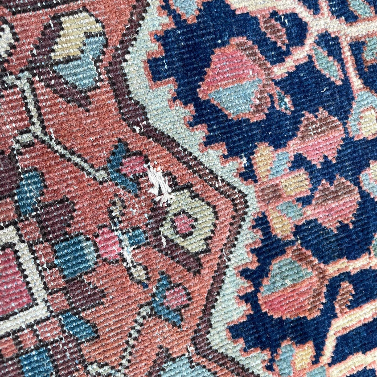 Antique Heriz Wool Rug Blue Terracotta Geometric Pattern Hand Knotted Area Carpet Middle Eastern Central Medallion Handmade Floor Decor photo 145.0