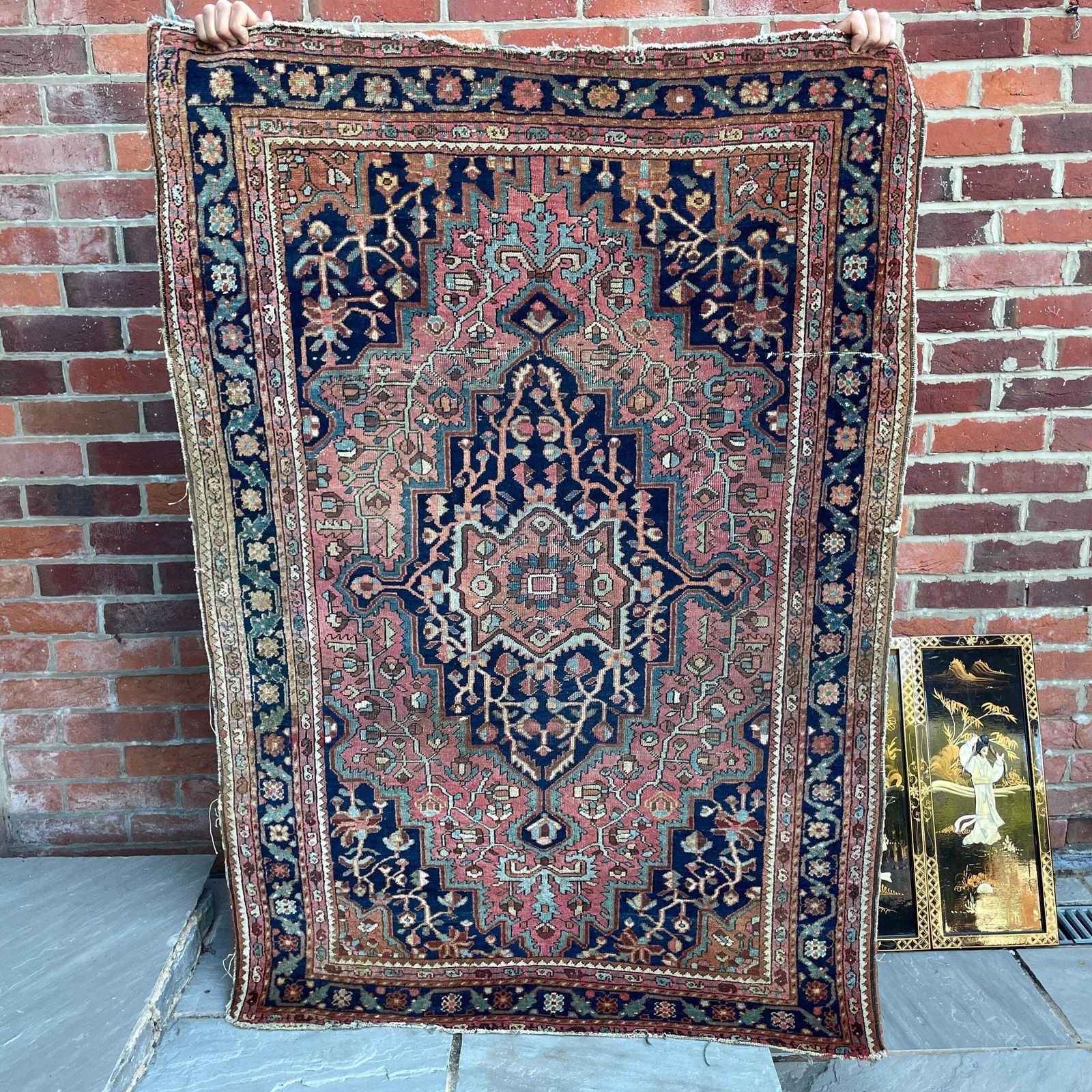 Textiles Antique Heriz Wool Rug Blue Terracotta Geometric Pattern Hand Knotted Area Carpet Middle Eastern Central Medallion Handmade Floor Decor photo