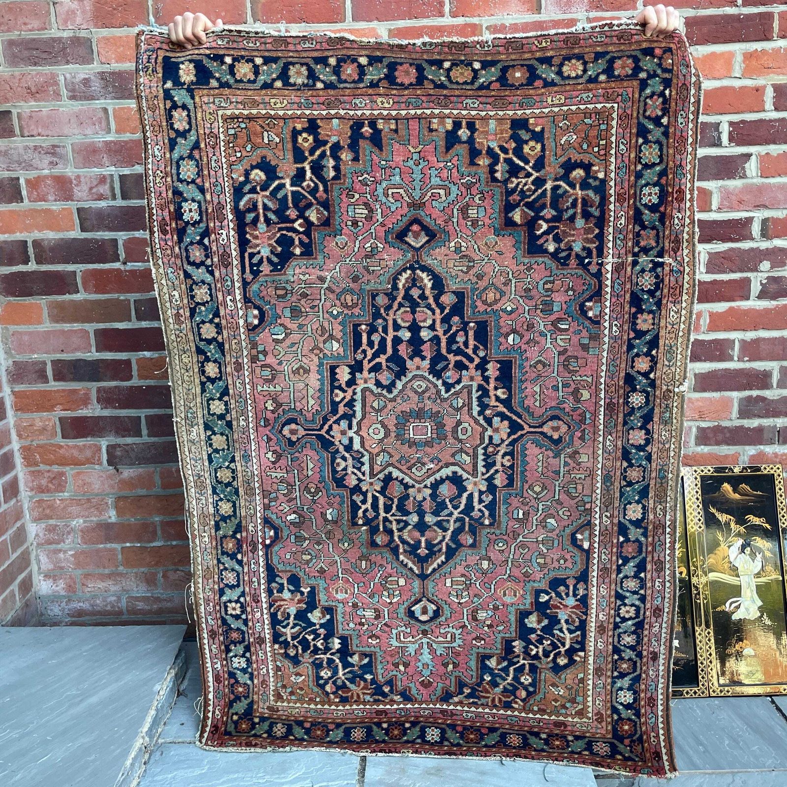 145.0 Antique Heriz Wool Rug Blue Terracotta Geometric Pattern Hand Knotted Area Carpet Middle Eastern Central Medallion Handmade Floor Decor photo