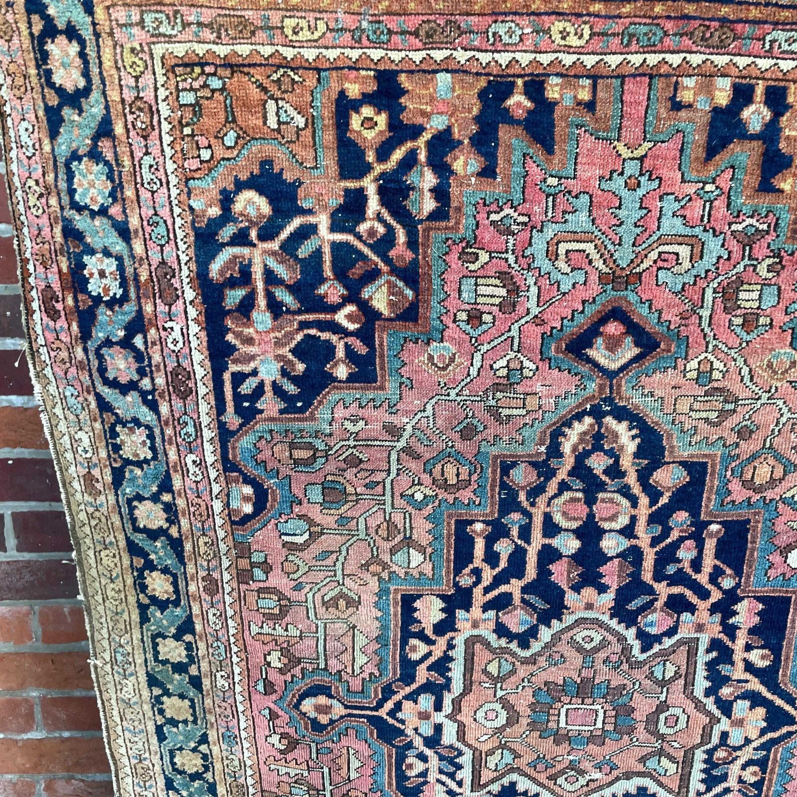 photo buy Antique Heriz Wool Rug Blue Terracotta Geometric Pattern Hand Knotted Area Carpet Middle Eastern Central Medallion Handmade Floor Decor