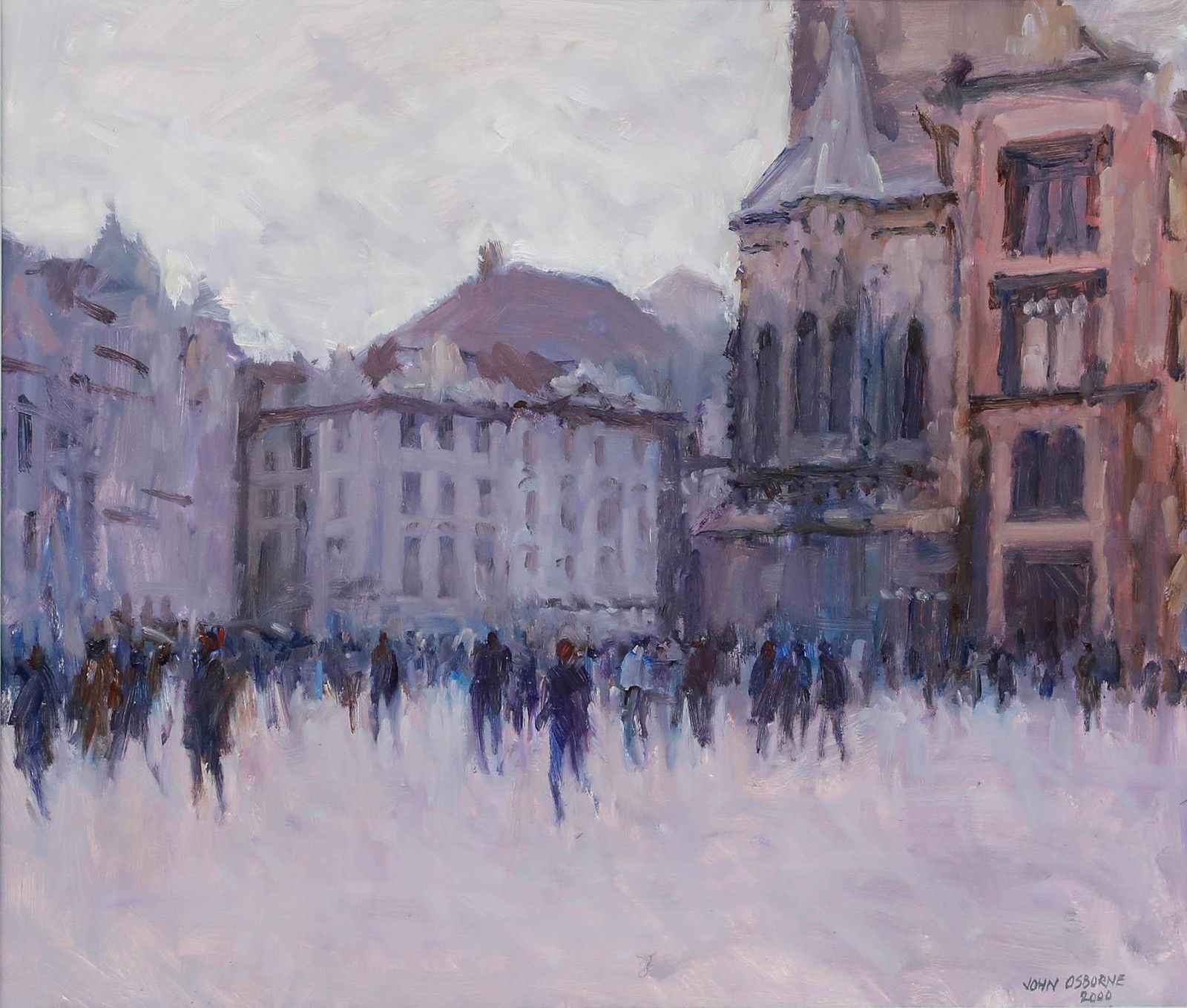 John Osborne (B. 1939) Framed Contemporary Oil, Crowd In The Square photo furniture
