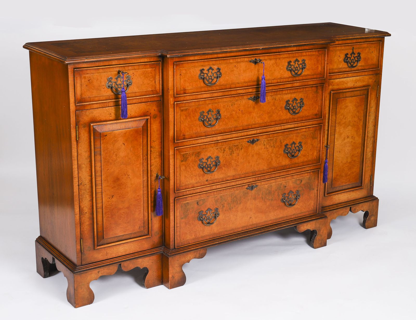 Vintage Burr Walnut Four Drawer Sideboard Credenza 20th C