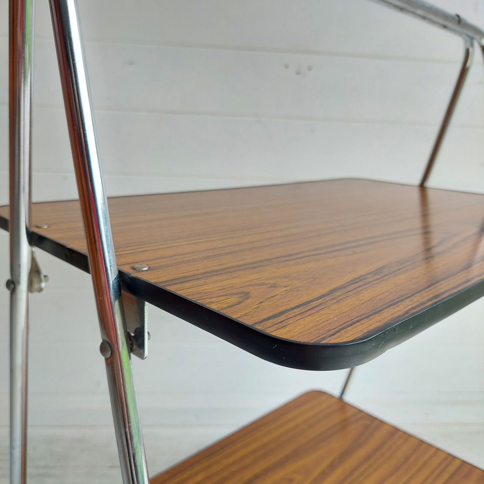 Mid Century Folding Teak Effect Formica Drinks Trolley Retro Chrome Bar Cart Germany 70s photo Furniture