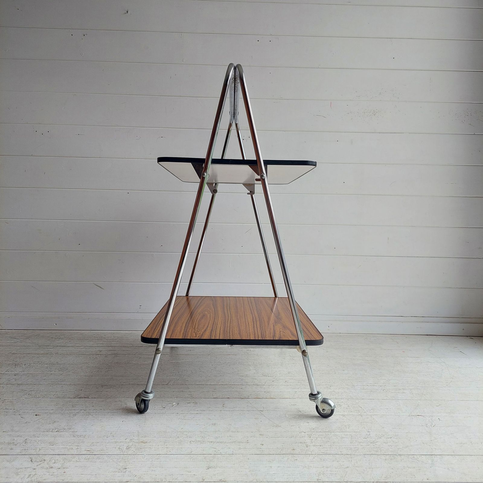 Furniture Mid Century Folding Teak Effect Formica Drinks Trolley Retro Chrome Bar Cart Germany 70s photo