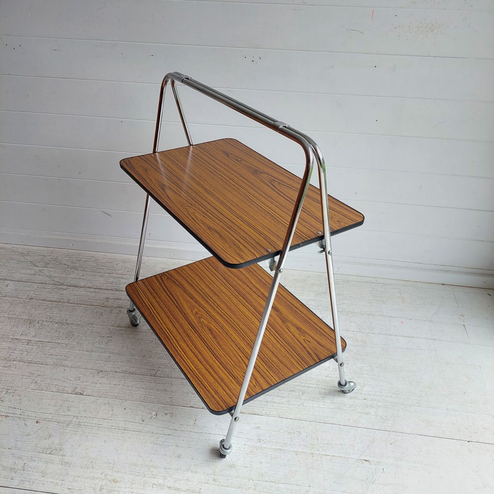 Mid Century Folding Teak Effect Formica Drinks Trolley Retro Chrome Bar Cart Germany 70s photo furniture