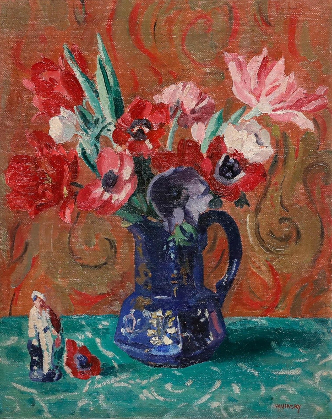 Philip Naviasky (1894 1983) Mid 20th Century Oil, Still Life With Figurine photo furniture
