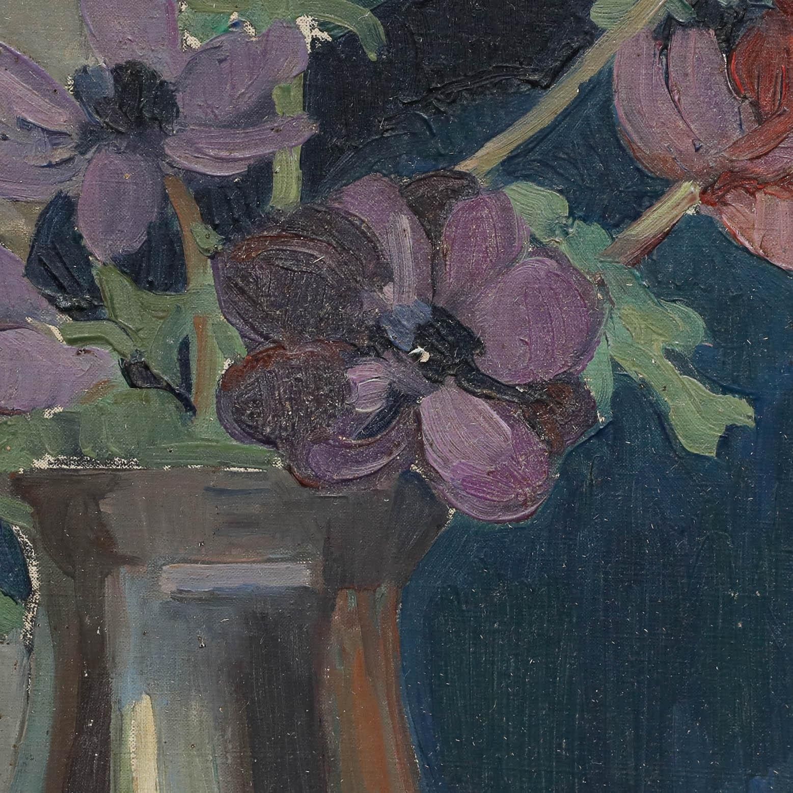 Mid 20th Century Oil Cosmos In A Silver Teapot photo buy