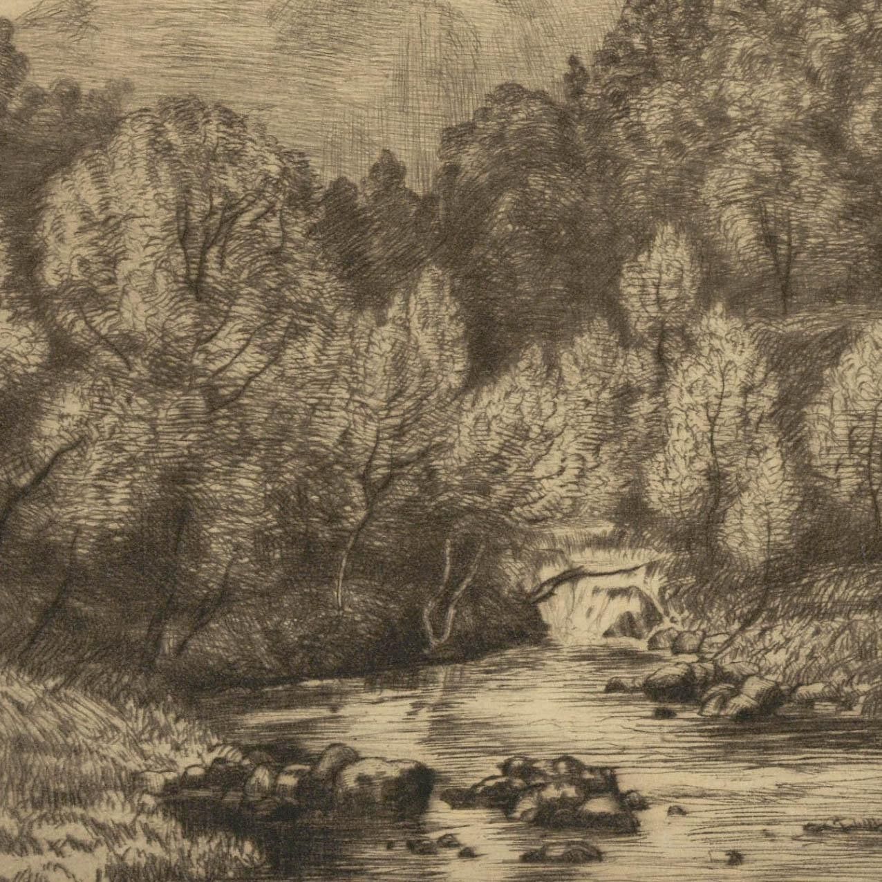 Alfred Blundell (1883–1968) Etching, Waterfall And Mountain Scene photo for sale
