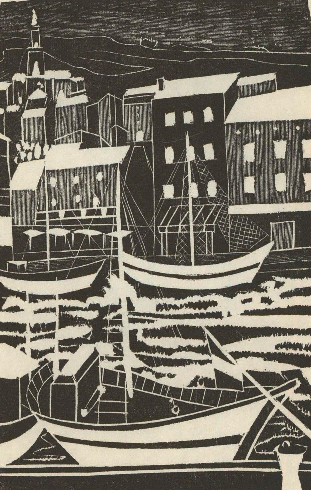 Albert Masri (1927 2020) Mid 20th Century Woodcut, Watching The Boats Go By photo furniture