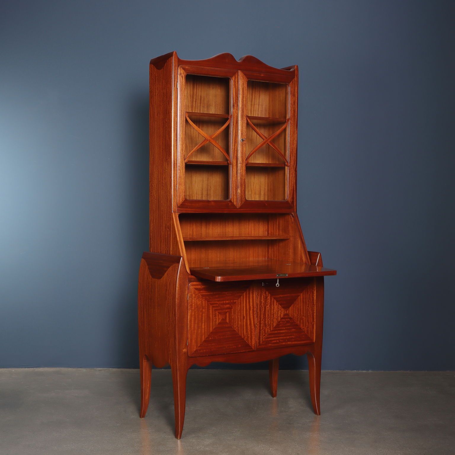 Vintage Trumeau Mahogany Wood Veneer Italy 1950s photo furniture