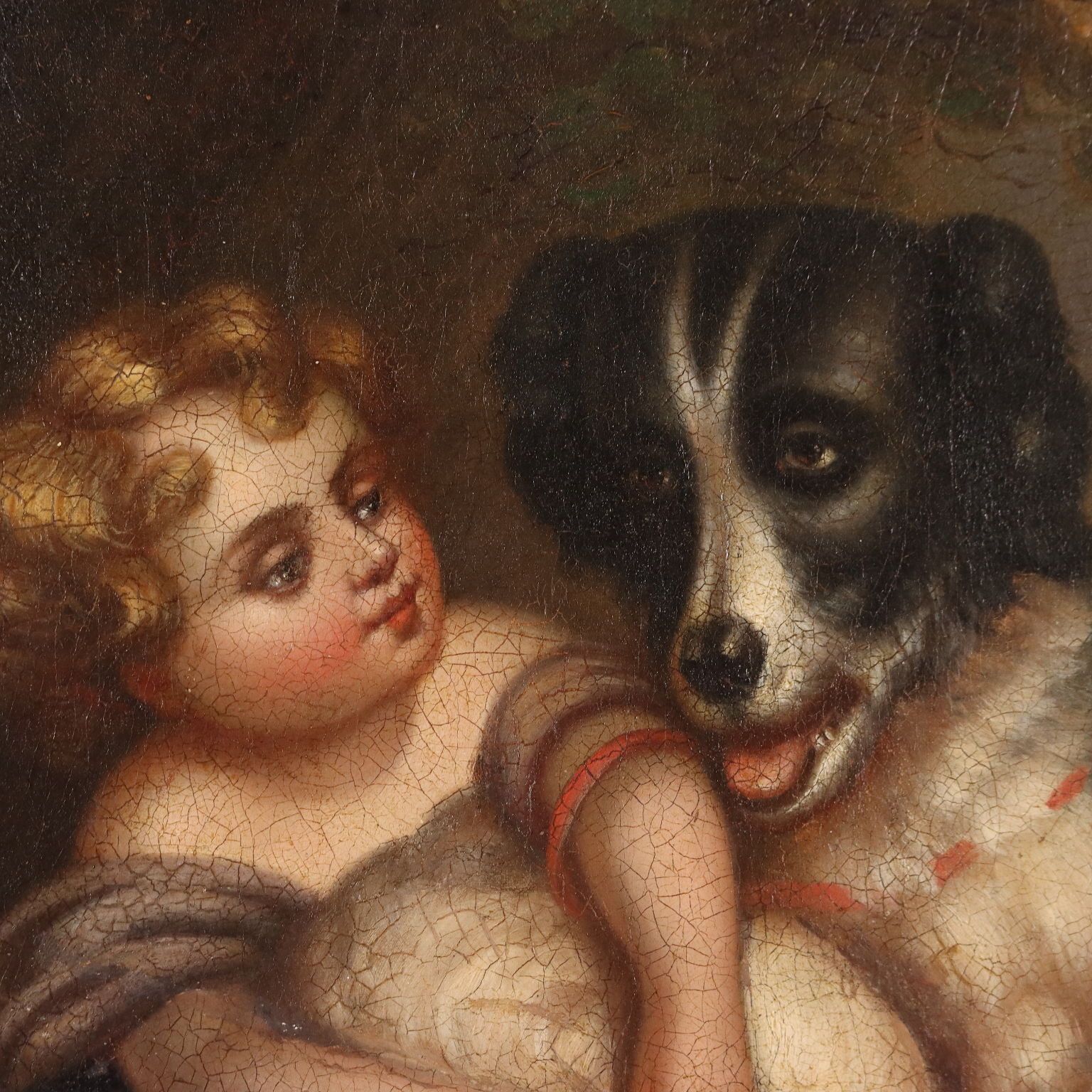 Antique Painting Little Girl With Dog Oil On Canvas XIX Century photo Art