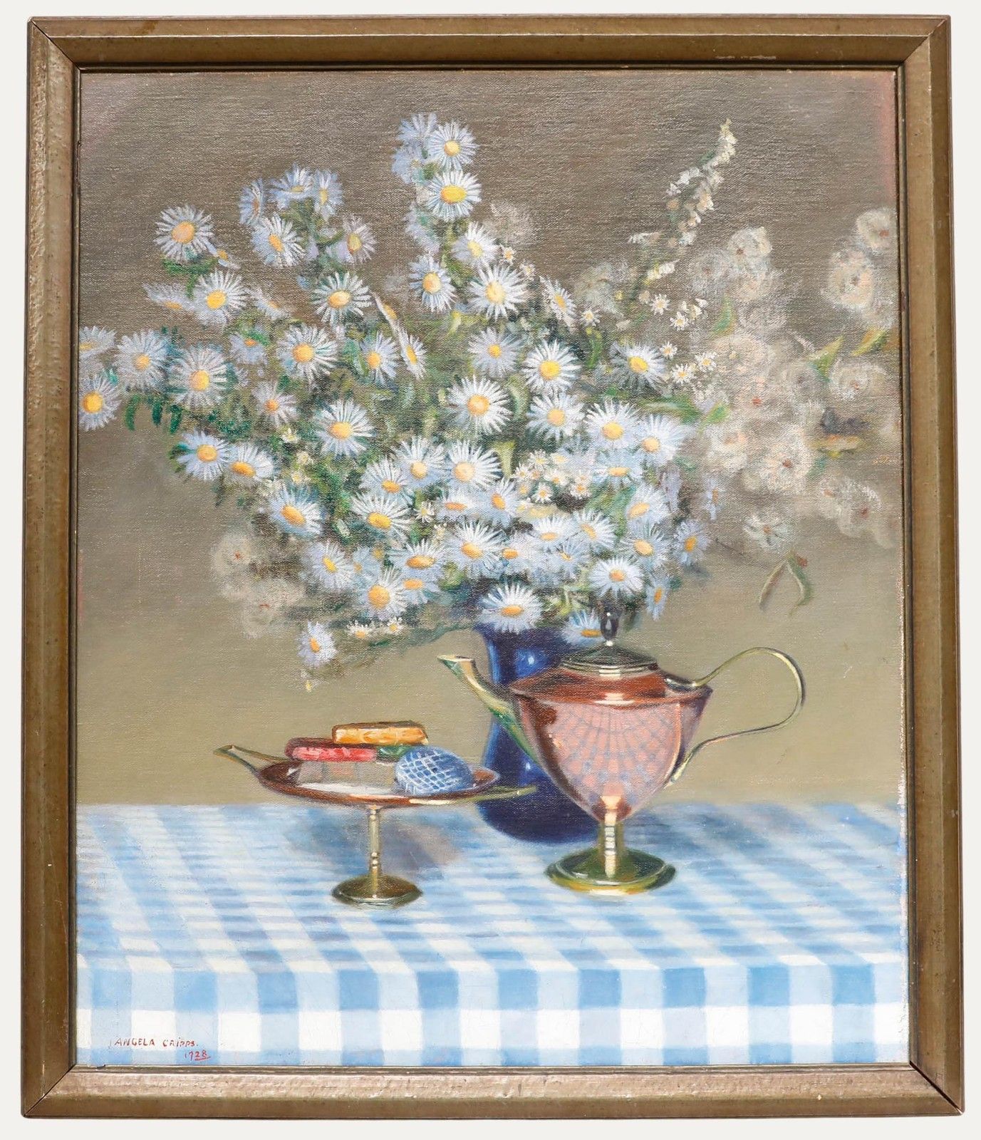 Angela Cripps Framed 20th Century Oil, Still Life Of Blue Asters