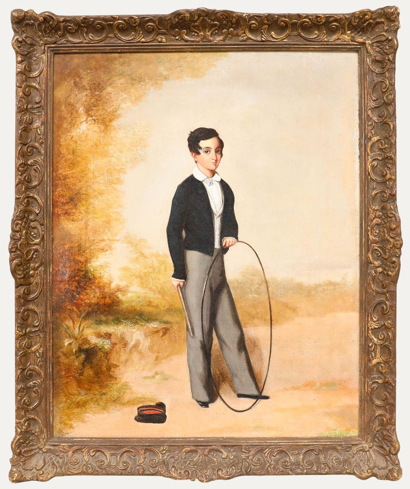 British Provincial School Early 19th Century Oil Portrait Of A Boy With A Hoop