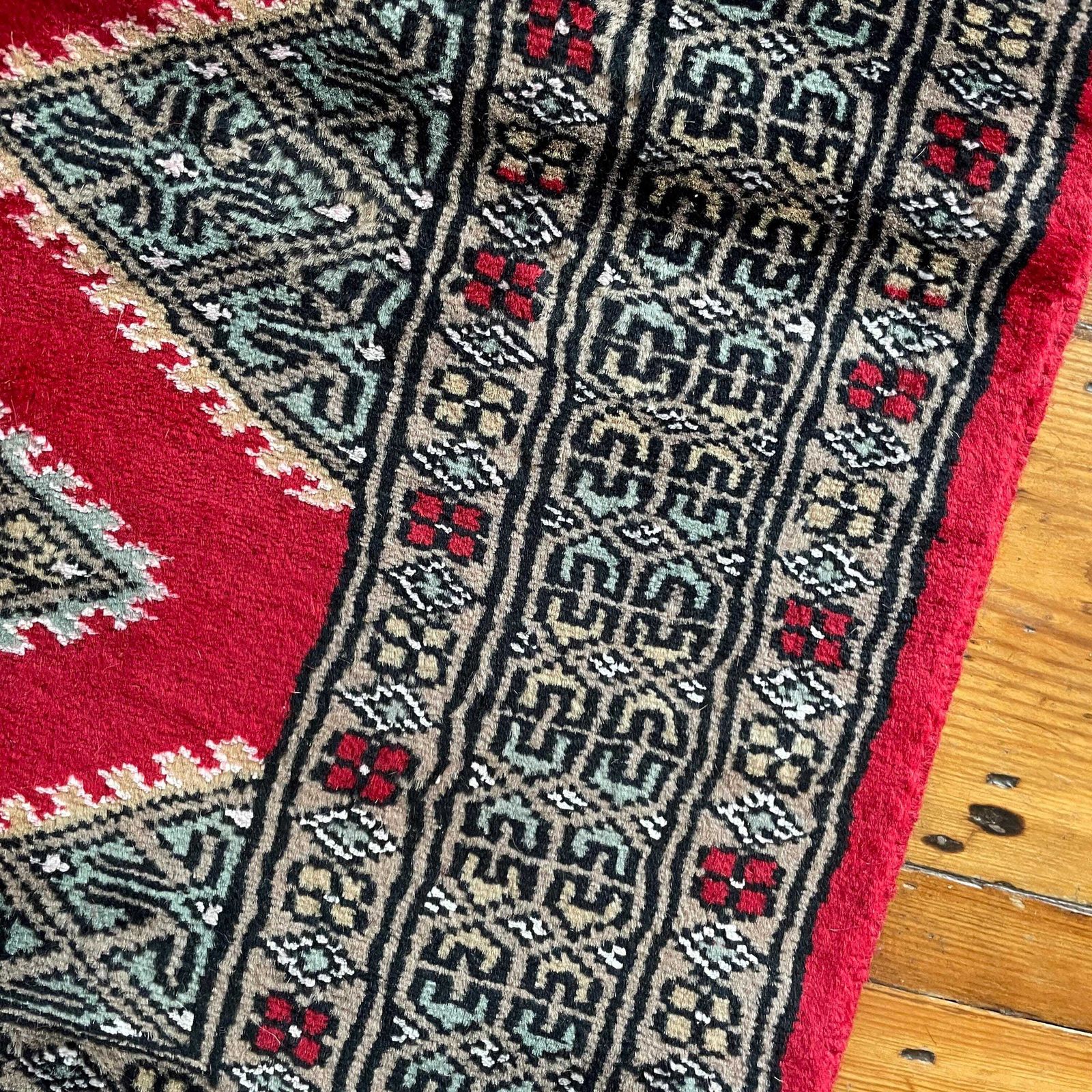 125.0 Vintage Wool Rug Hand Knotted Red Geometric Pattern Middle Eastern Carpet Small Area Rug Handmade Boho Floor Decor Accent Rug Tassels photo