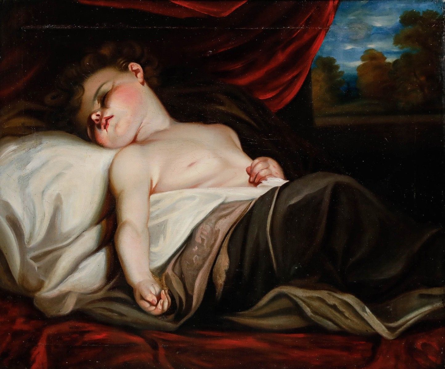 Fine Large Early 19th Century Oil Sleeping Child photo furniture