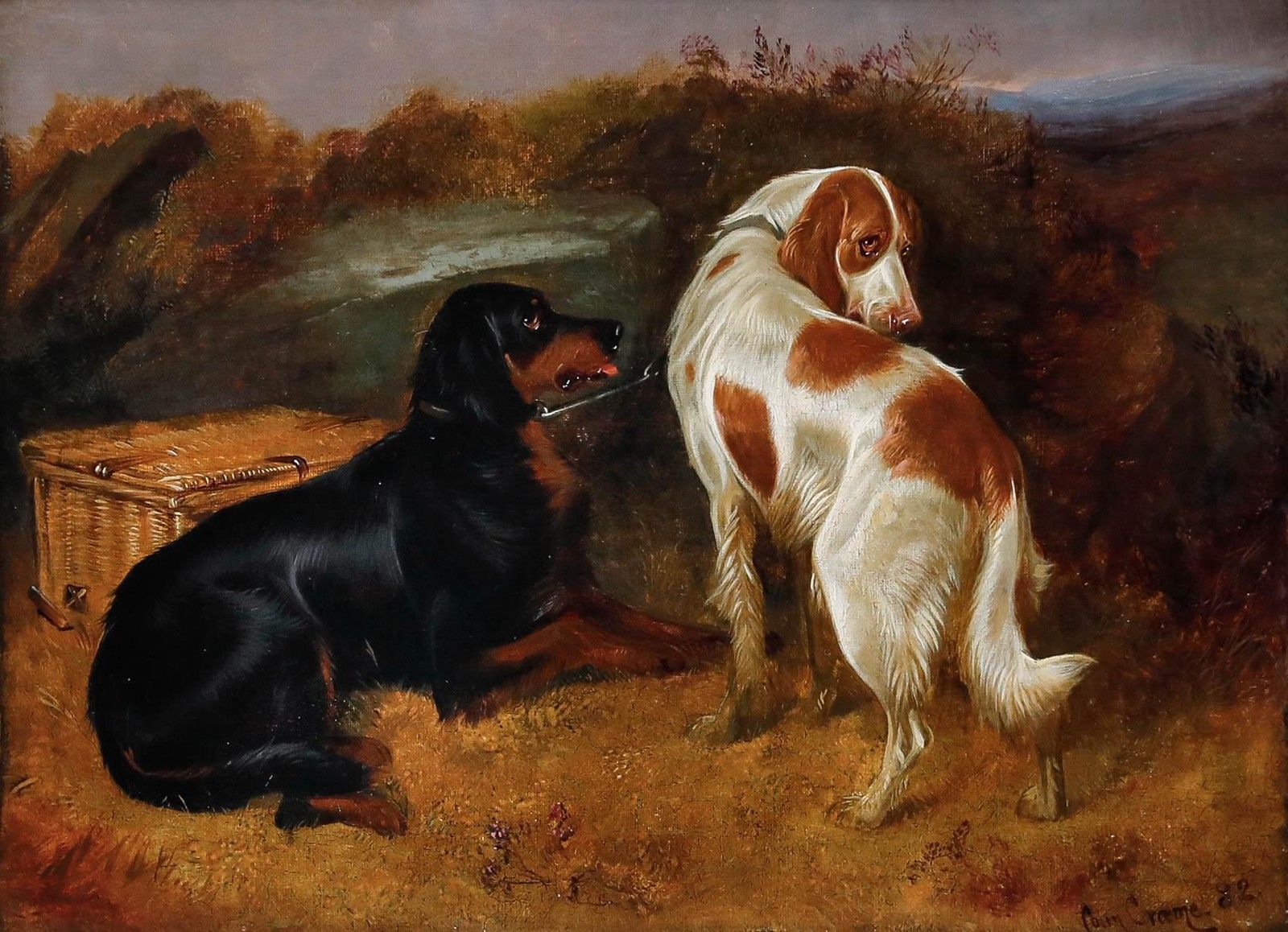 Colin Graeme (1858 1910) Framed Oil, Setter's By The Wicker Hamper photo furniture
