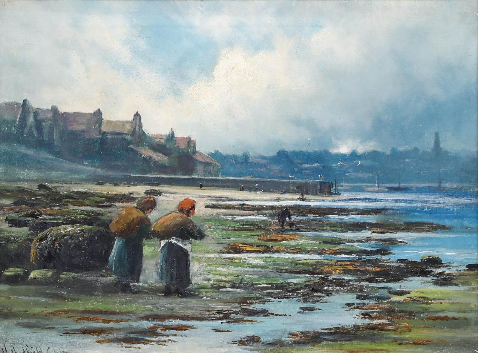 Henry Hadfield Cubley (1858 1934) 1919 Oil, Mussel Gatherers At Whitby photo furniture