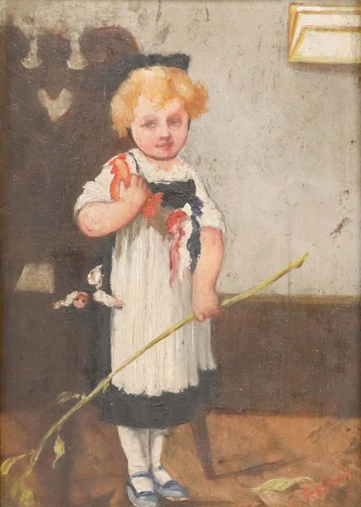 19th Century Oil Child With A Rooster And Branch photo furniture