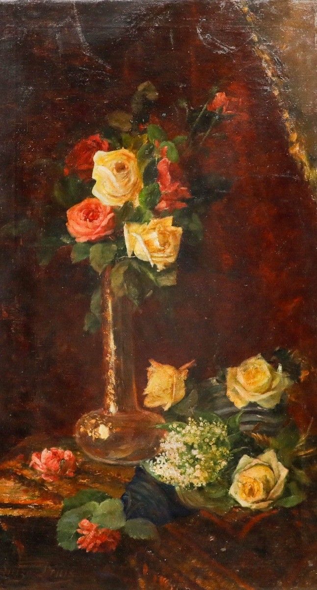 Luizo Denis Framed Late 19th Century Oil, Summer Roses photo furniture