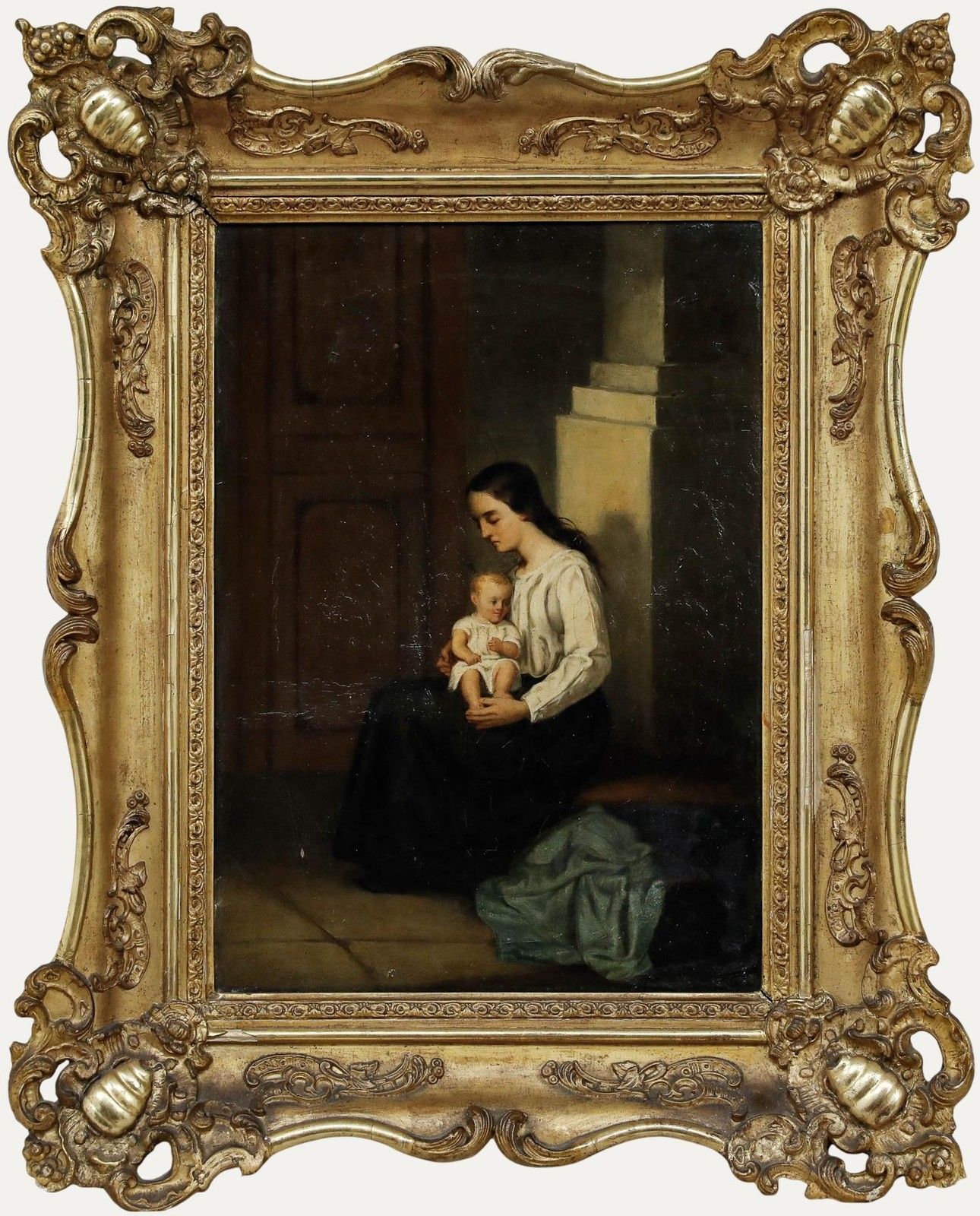 Framed 1853 Oil Young Mother And Child