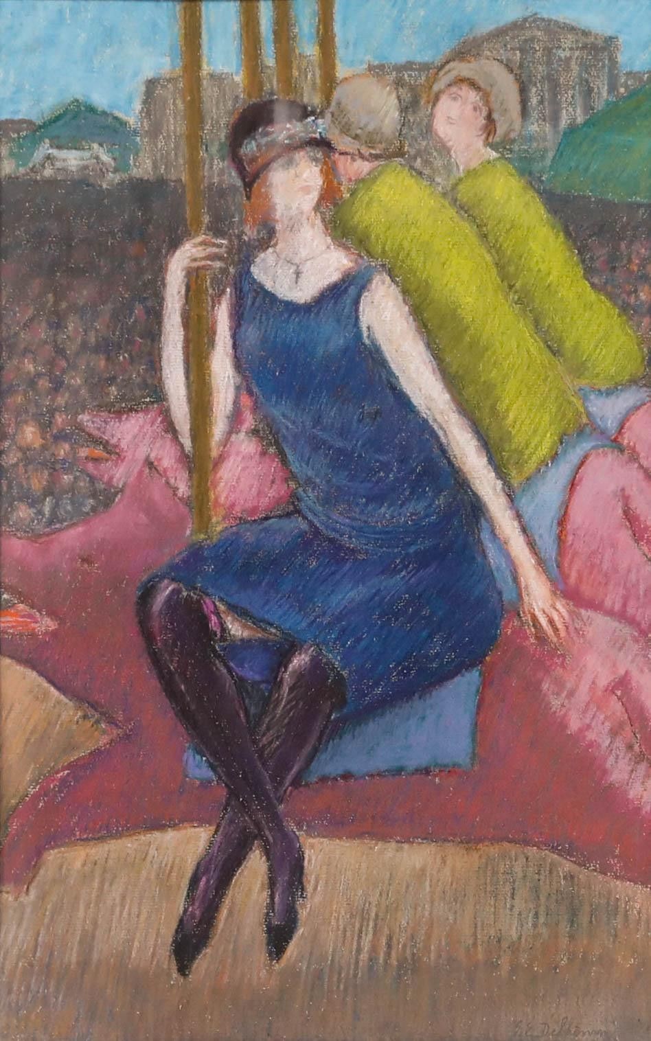 Georges Eugene Delhomme (1904 1989) Mid 20th Century Pastel, When Pigs Fly photo furniture