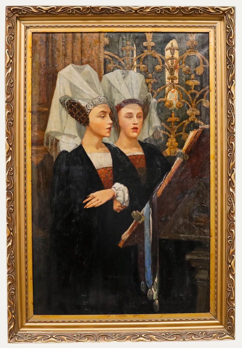 Early 20th Century Oil Singing In The Chancel