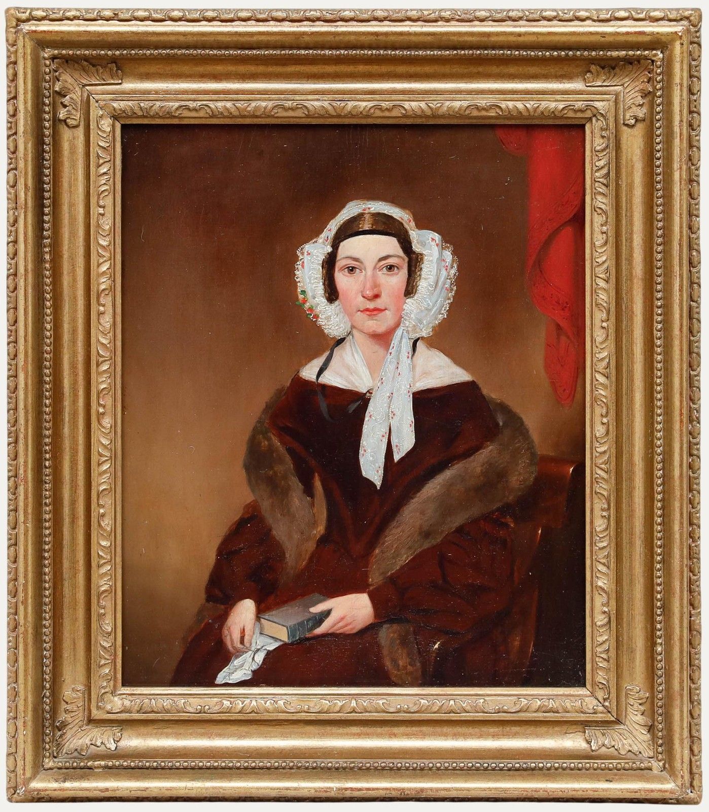 English School Mid 19th Century Oil Lady In Lace And Fur