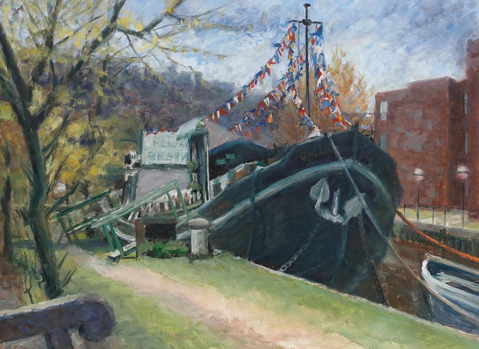 Pauline Plummer (B.1933) Mid 20th Century Oil, Restaurant Afloat photo furniture