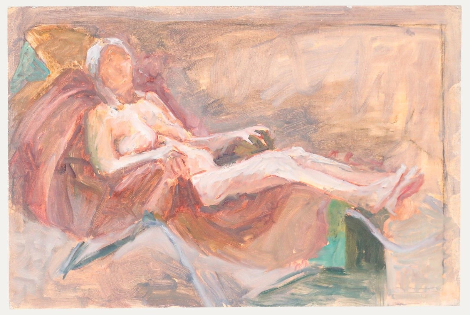 Pauline Plummer (B.1933) 20th Century Oil, Reclining Nude On Maroon Chair