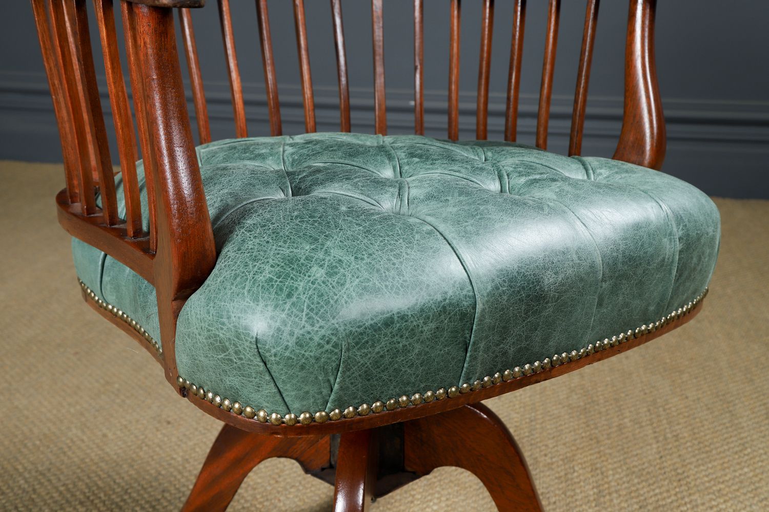 photo buy English Victorian Mahogany & Distressed Green Leather Revolving Office Desk Chair (Circa 1880)
