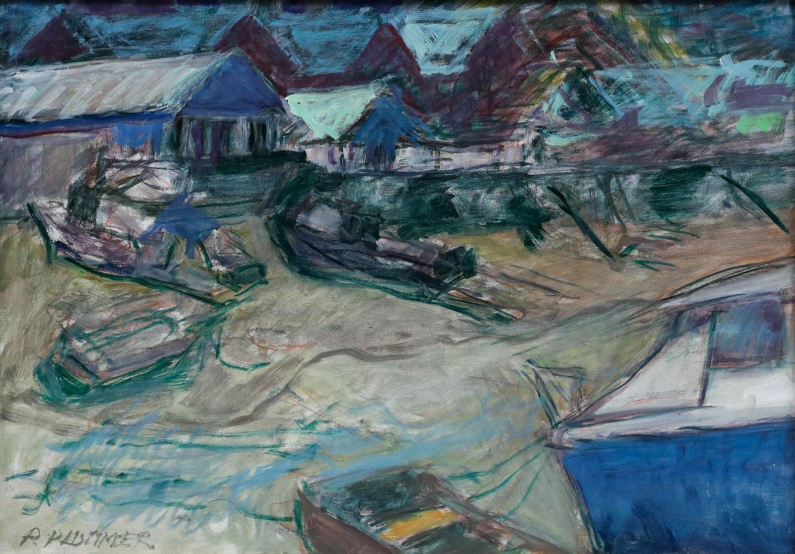 Pauline Plummer (B.1933) Contemporary Oil, Boats On The Shore photo furniture