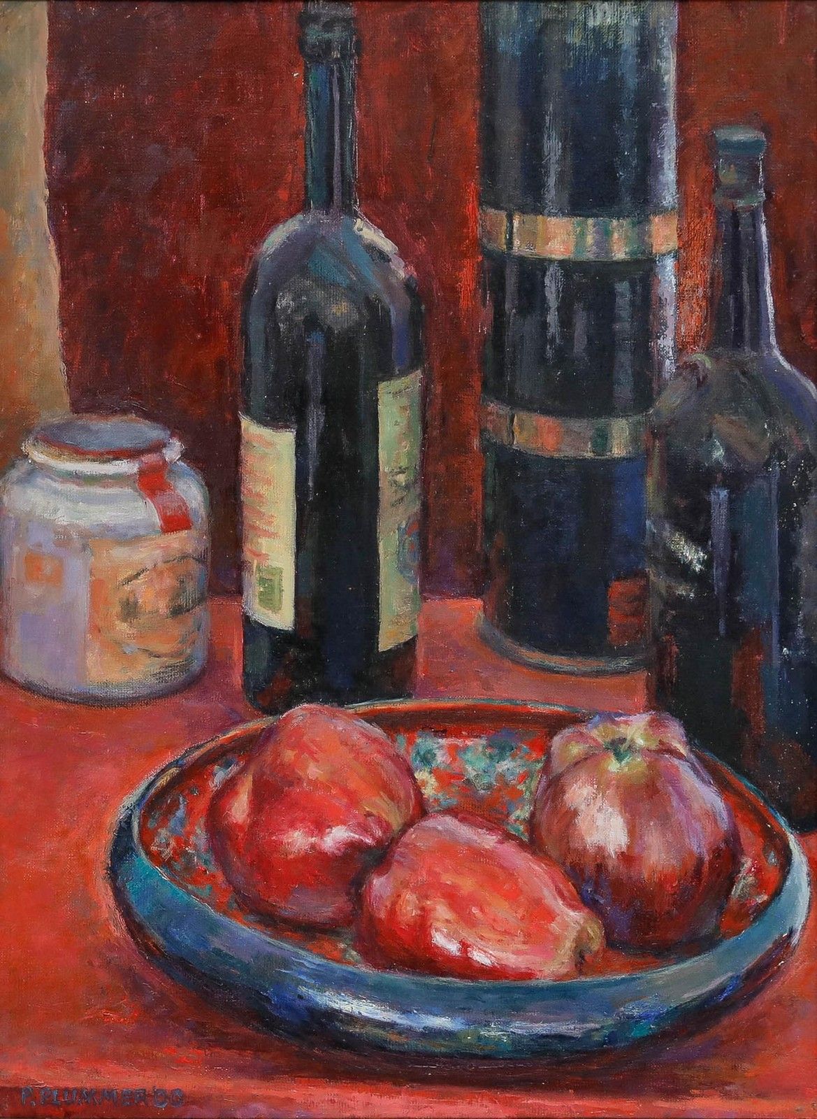 Pauline Plummer (B.1933) 2000 Oil, Still Life With Wine And Apples photo furniture