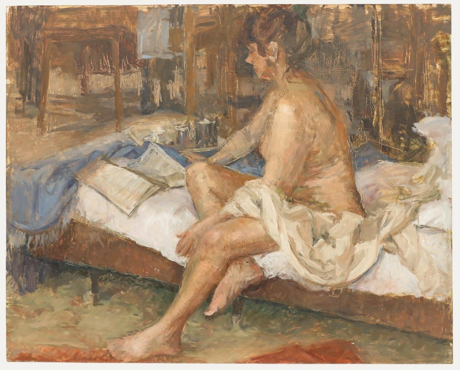 Pauline Plummer (B.1933) 20th Century Oil, Nude Reading