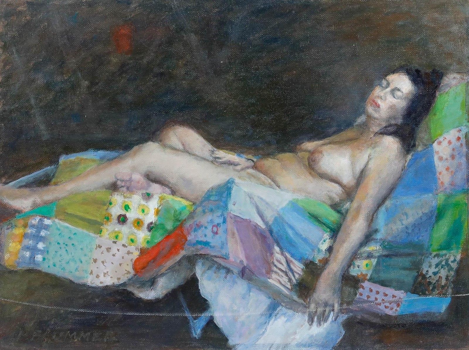 Pauline Plummer (B.1933) 20th Century Oil, The Patchwork Quilt photo furniture