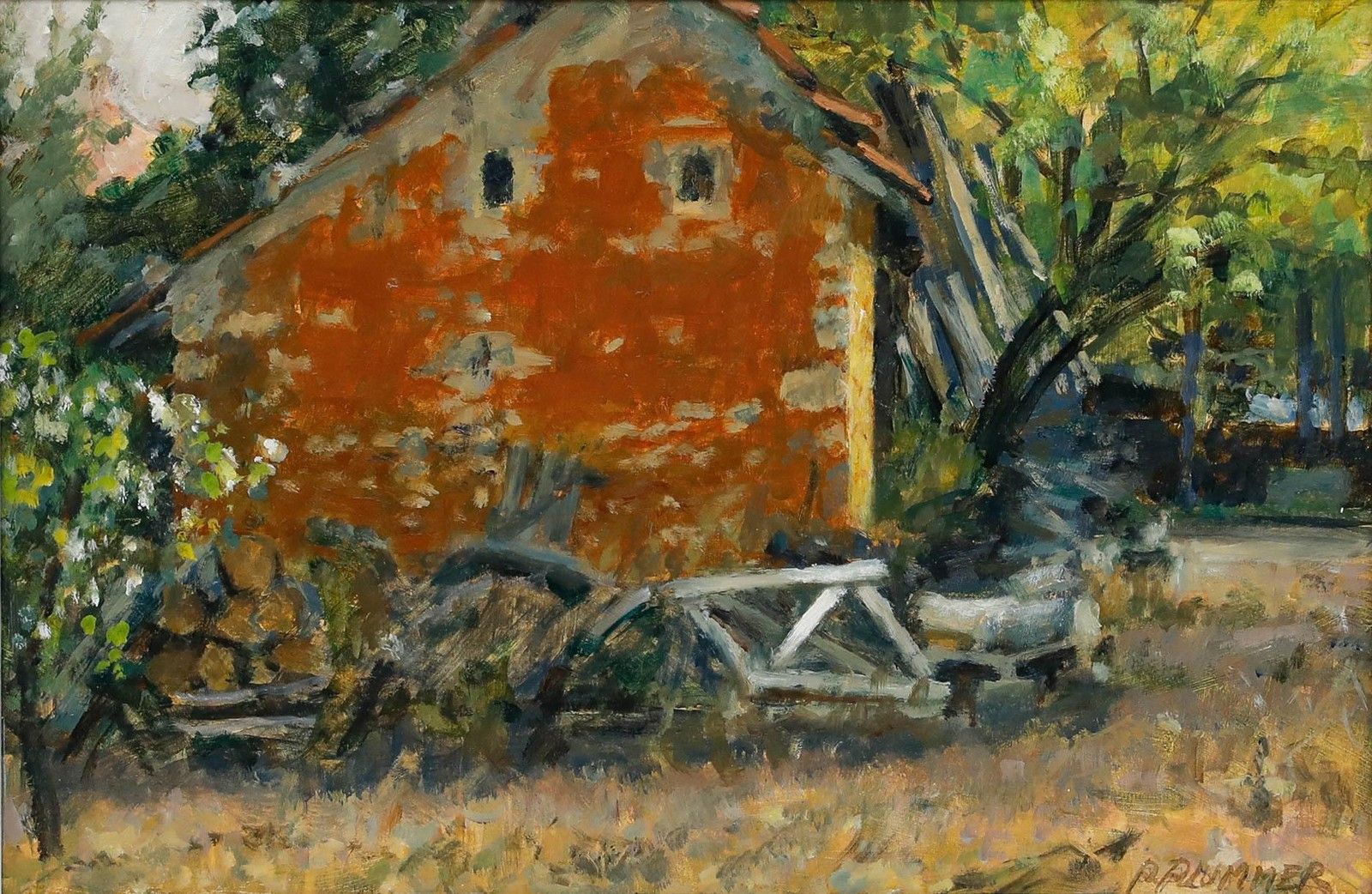 Pauline Plummer (B.1933) Contemporary Oil, Morning Light On The Wood Shed photo furniture