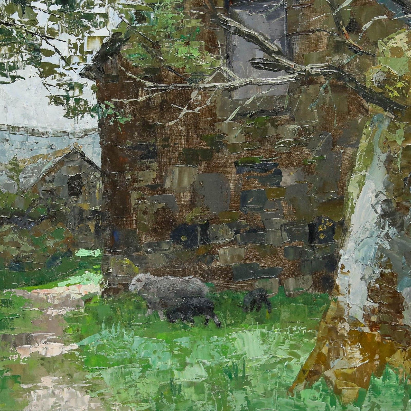 Pauline Plummer (B.1933) Contemporary Oil, Sheep By The Barn photo Art