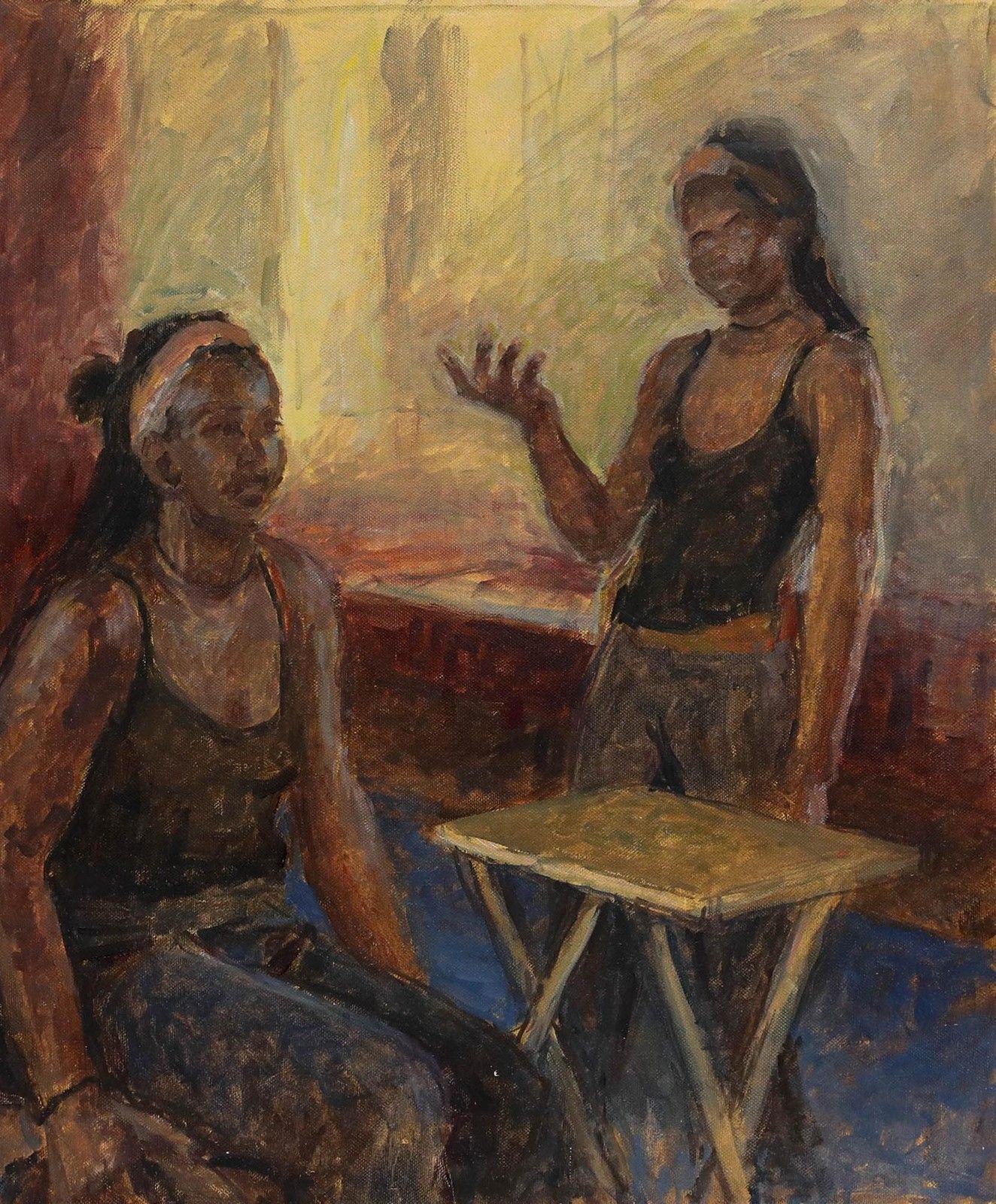Pauline Plummer (B.1933) Contemporary Oil, A Conversation photo furniture