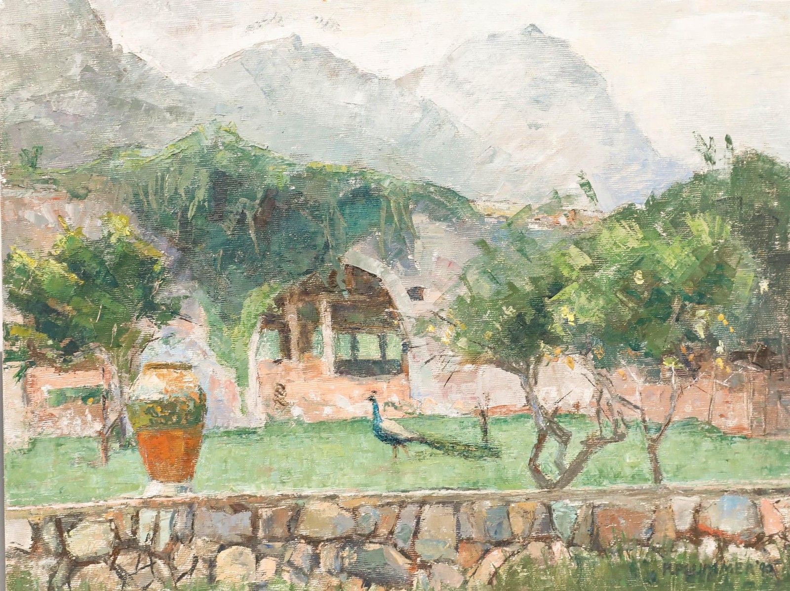 Pauline Plummer (B.1933) 20th Century Oil, Peacock Garden photo furniture