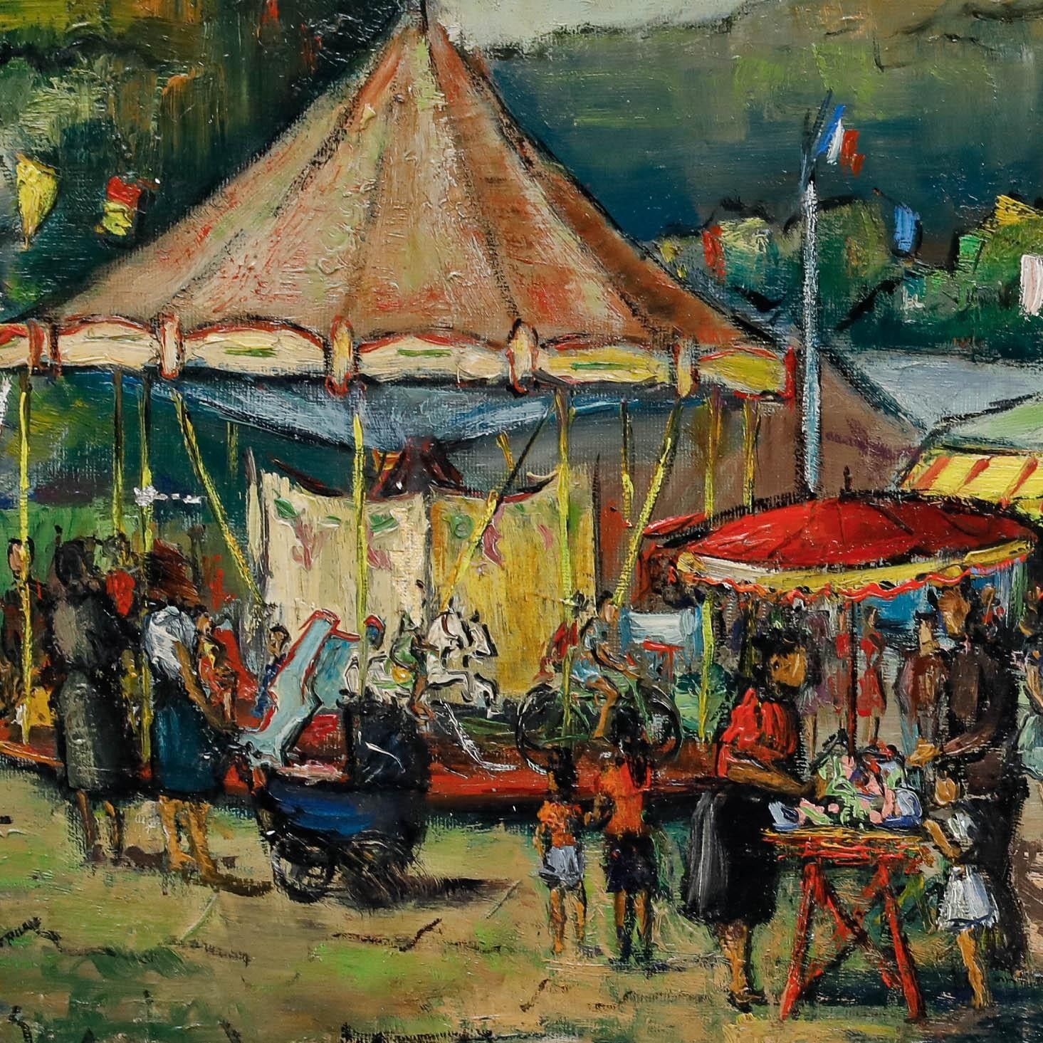 Roland Dufils (1920 1973)  Mid 20th Century Oil, Day At The Fair photo vinterior