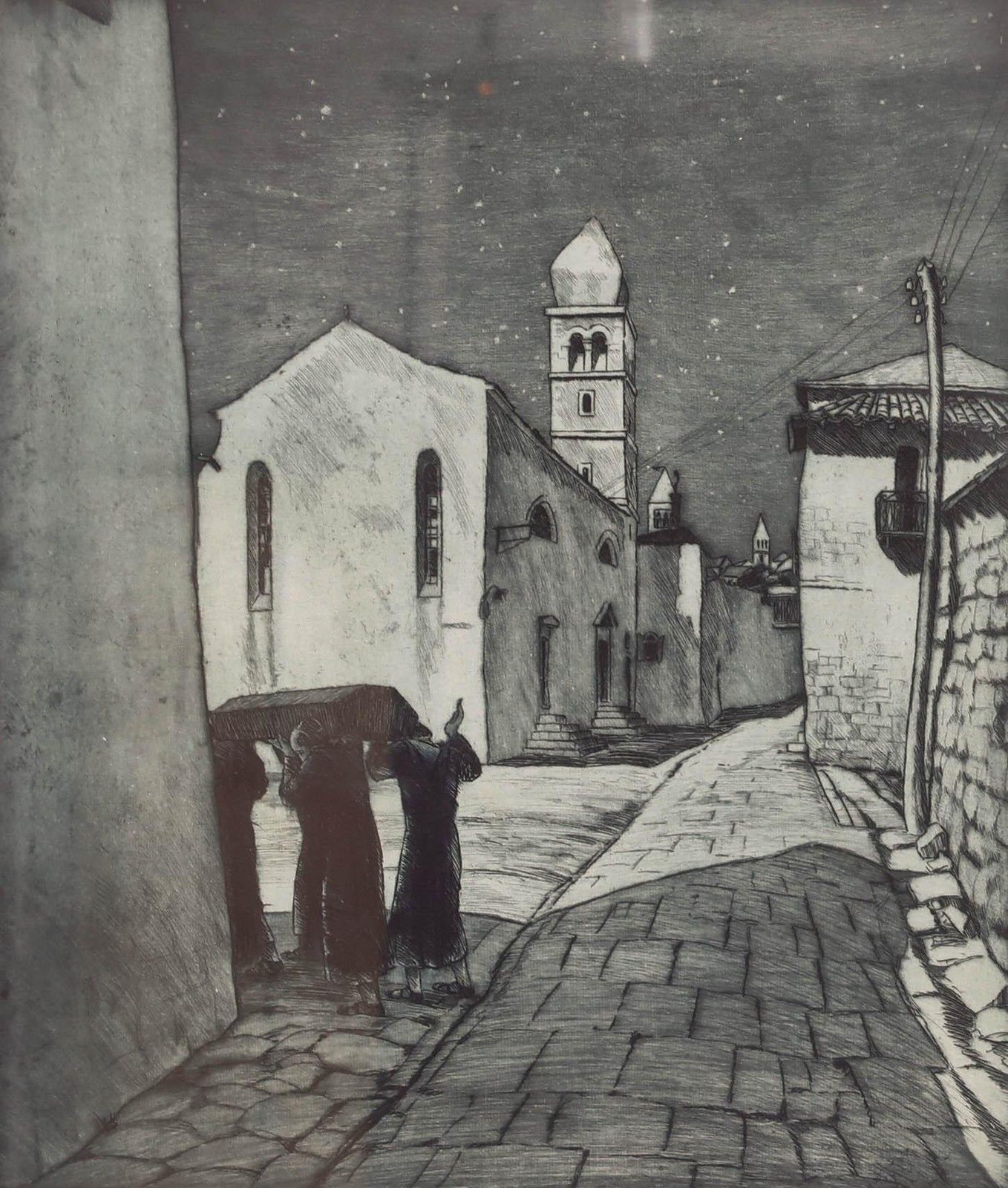 Tomislav Krizman (1882 1955) Framed 1929 Etching, Street At Nightfall photo furniture